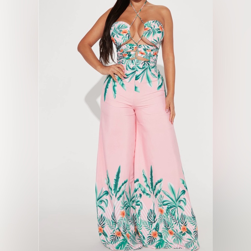 Fashion Nova Pink and Green Tropical Jumpsuit with Strapless Design